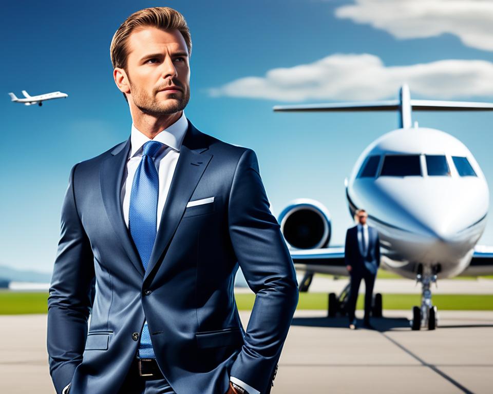 modern private jet parked on a runway, with an elegant and confident figure in a business suit standing in front of it. The figure is holding a briefcase and looking towards the horizon with a determined expression. In the background, there are other planes taking off and landing, indicating the busy nature of aviation law.