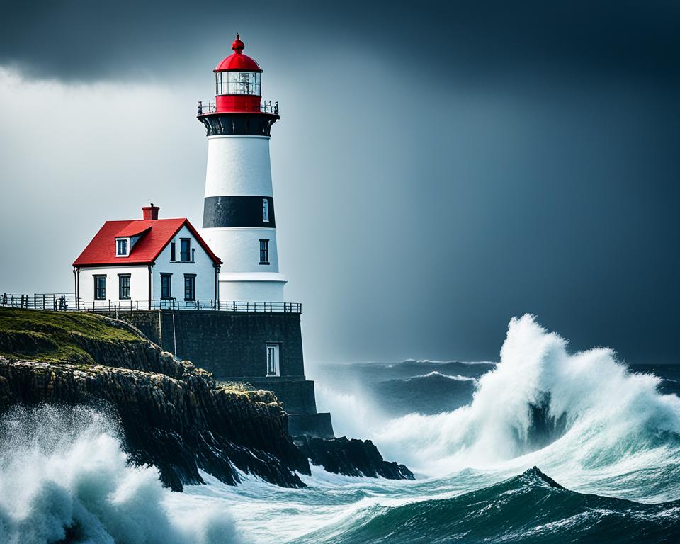 lighthouse standing tall and strong amidst rough waves and stormy weather, representing the stability and guidance provided by maritime law in protecting the rights of seafarers and regulating maritime activities.